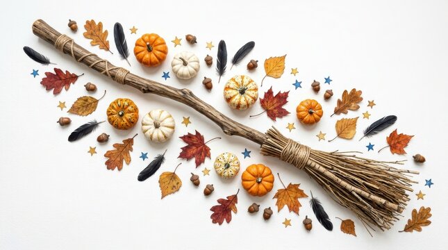 Halloween witch broom with pumpkins, autumn leaves, feathers, acorns, and stars isolated on white background