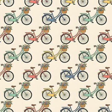 Vintage bicycle seamless pattern with flowers|Retro hand drawn bike wallpaper design|Pastel colored city bicycle illustration background|Cute floral bicycle pattern for fabric print