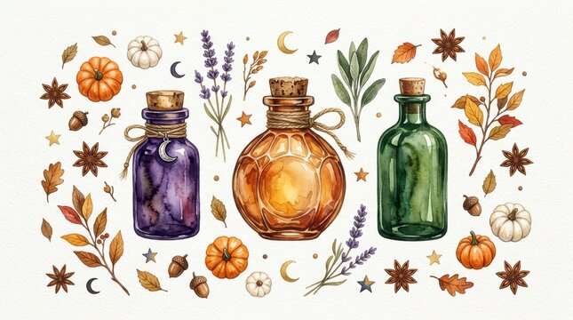 Watercolor collection of magic potion bottles with autumn leaves, pumpkins, acorns, and stars isolated on white background