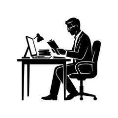 Fototapeta premium Businessman working at office desk with laptop and documents silhouett