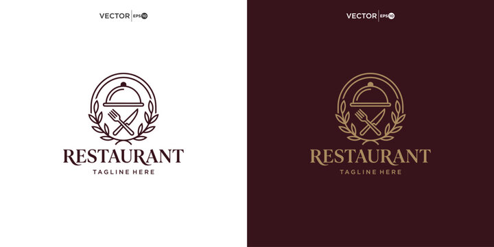 Restaurant logo design template featuring crossed utensils and food element