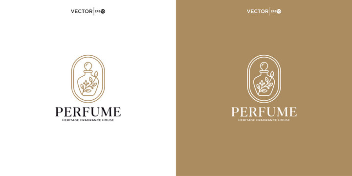 Perfume bottle logo design template with ornate frame and delicate lines