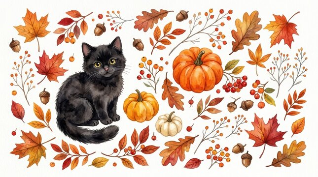 Cute black cat surrounded by autumn leaves, pumpkins, and acorns isolated on white background