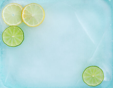 Citrus Slices in Opposite Corners of Ice