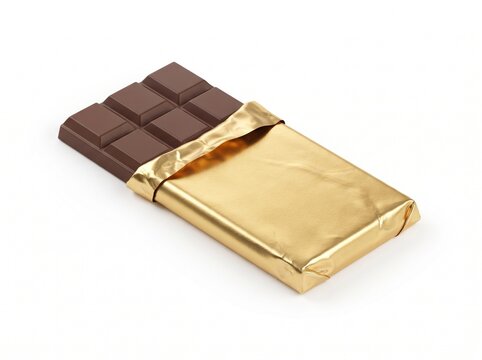 A single rectangular dark chocolate bar wrapped in shiny gold foil paper lying flat for a sweet dessert snack