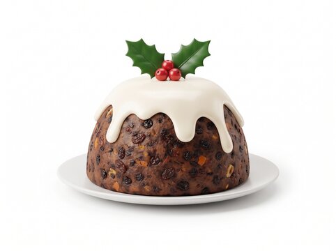 Traditional christmas pudding with white icing and green holly leaves on top for a festive holiday dessert