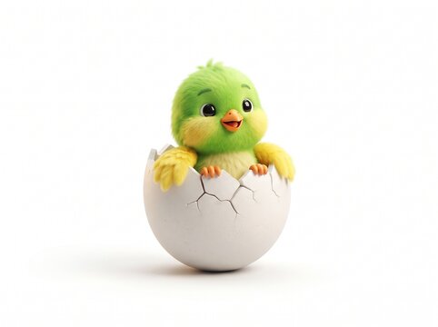 Cute little fluffy green chick hatching from a white egg shell looking happy and cheerful for spring holidays