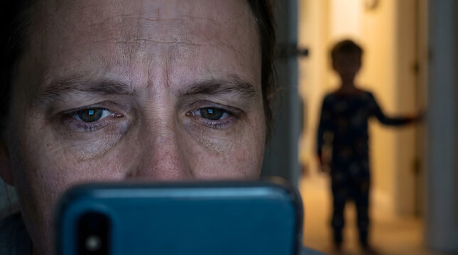 Tired mother staring at smartphone screen late at night ignoring blurred child standing in doorway suffering anxiety
