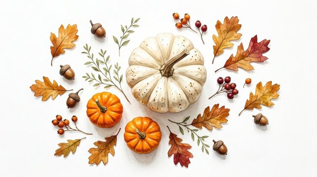 Autumn harvest flat lay with pumpkins, acorns, and fall leaves isolated on white background