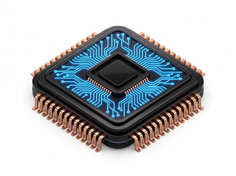 Isometric computer processor chip with glowing blue electronic circuit board pathways and golden metal pins