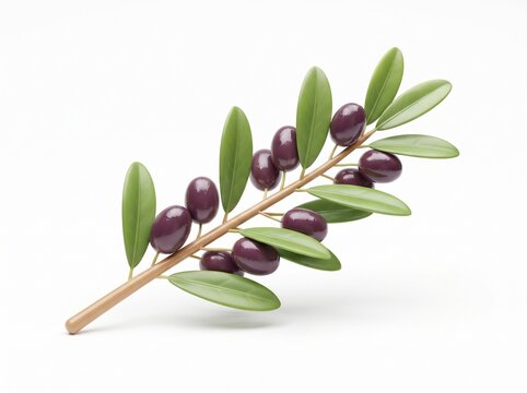 Fresh black olives on a green branch with leaves isolated illustration for healthy food and cooking design