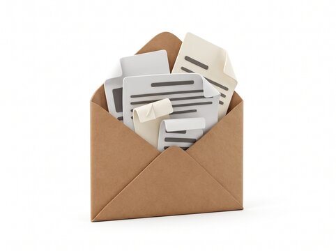Open brown paper envelope containing several white document pages with text lines for business communication