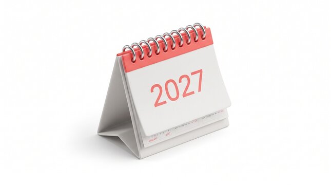 Small desk calendar with red spiral binding showing the year 2027 for office planning and business schedules