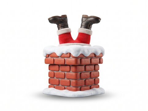 Funny santa claus legs sticking out of a snowy red brick chimney during the winter holiday christmas season