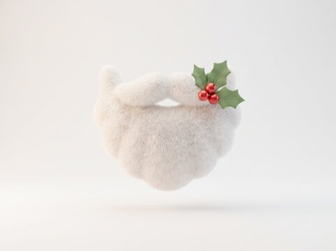 Fluffy white santa claus beard with green holly leaves and red berries for christmas holiday season design