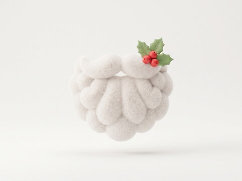 Fluffy white santa claus beard with green holly leaves and red berries for a festive christmas holiday theme
