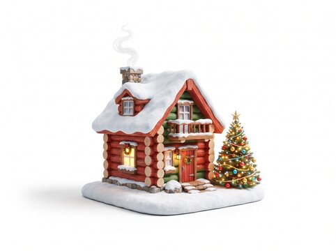 Small wooden cabin house with snow on the roof and a decorated christmas tree for the winter holiday season