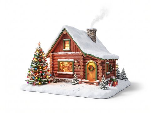 Cozy rustic wooden cabin with christmas tree decorated with colorful lights and snow on a cold winter night