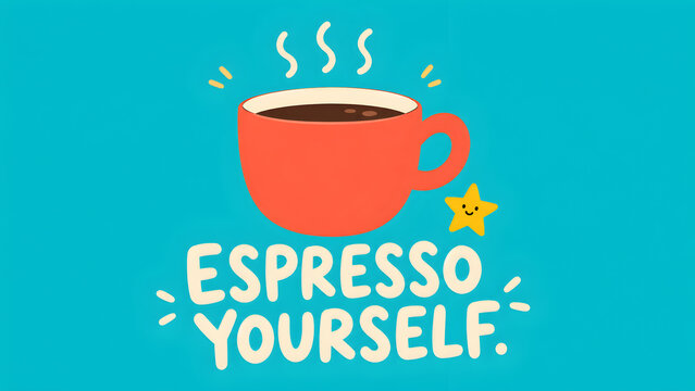 Espresso yourself motivational quote with a cute coffee cup illustration on a blue background