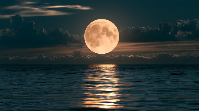A serene view of a full moon reflecting on calm ocean waters under a twilight sky.