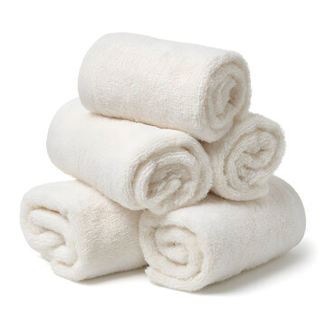 A stack of neatly rolled, soft white towels, perfect for a spa or home bathroom setting.