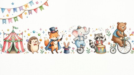 Fototapeta premium Whimsical Watercolor Circus Animals Illustration Featuring Fox Magician, Elephant on Unicycle, and Bear on Bicycle