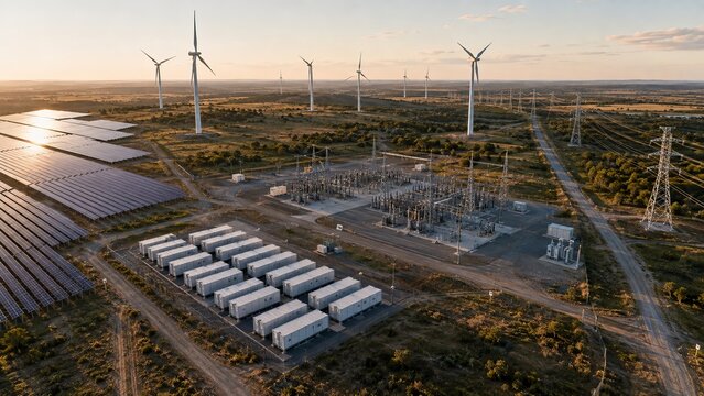 Wind solar battery hybrid plant sharing one grid interconnection point
