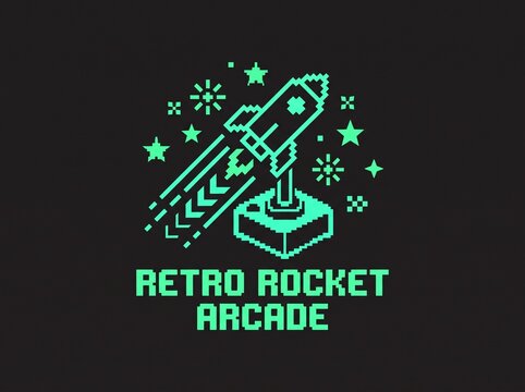 Retro pixel art style rocket ship icon with arcade joystick base and stars.