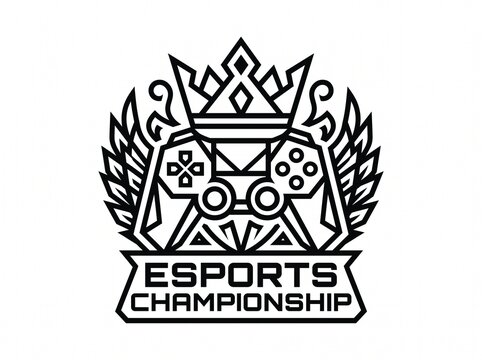 Black and white vector emblem for an esports championship tournament featuring a gaming controller and crown.
