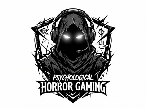 Dark hooded gamer mascot logo design for psychological horror video game channel.