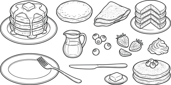 Hand Drawn Breakfast Pancakes and Crepes Vector Sketch Set with Syrup, Butter, Blueberries, Strawberries, Whipped Cream, and Cutlery Symbols for Cafe Menu Designs