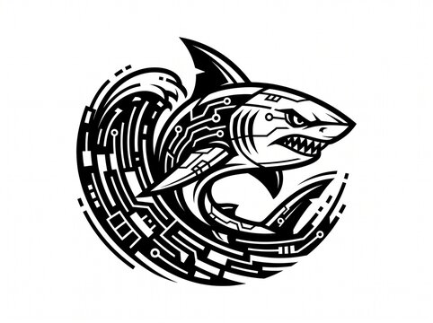 Stylized black and white vector illustration of a robotic shark with circuit board patterns.
