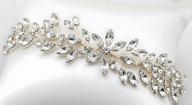Elegant silver-toned bridal hair vine featuring intricate crystal leaf and flower patterns on a soft white background.