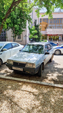 Silver vintage VAZ-2109 Lada Samara with Russian license plate in Astrakhan, classic Soviet car, hatchback, Astrakhan, Russia 13.05.2025