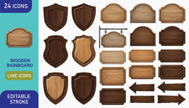 Variety of 24 wooden signboards, including shields, arched shapes, and a hanging sign with ornate details, perfect for creating vintage-themed graphics.