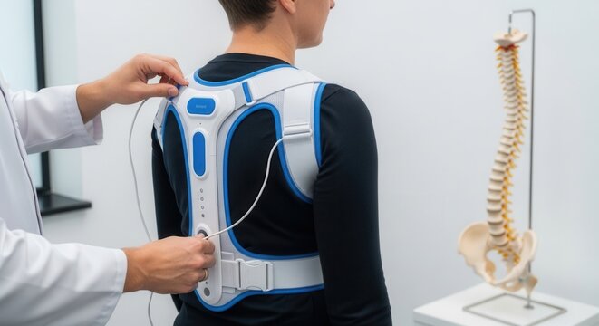 Doctor adjusts advanced posture corrector brace on patient near spine model for scoliosis or back pain treatment