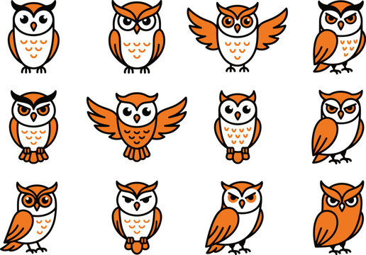 Set of cute cartoon owl icons in different poses