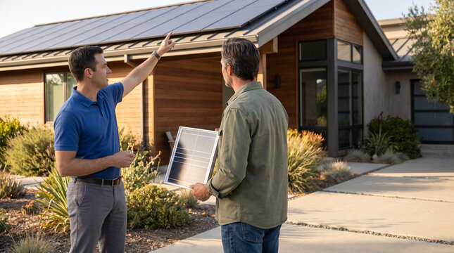 Renewable energy consultant discusses residential solar installation with homeowner beside modern house, explaining rooftop panels and sample component during home energy consultation with copy space.