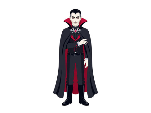 Classic Dracula Vampire Character Standing in Black Cape Vector Illustration