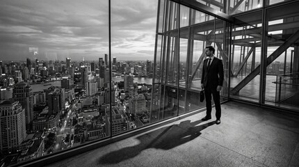 Plakat Businessman in suit looking at city skyline from skyscraper window, black and white
