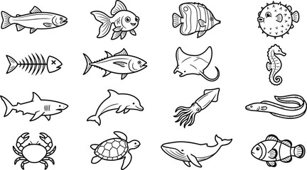 Obraz premium Cute Marine Life and Sea Creatures Line Icon Vector Set with Shark, Whale, Dolphin, Sea Turtle, Crab, Seahorse, and Tropical Fish Symbols for Children Educational Designs