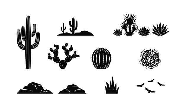 Desert Cactus and Wild West Landscape Element Vector Silhouettes Set Featuring Saguaro, Prickly Pear, Agave Plants, Tumbleweed, and Rocks for Branding