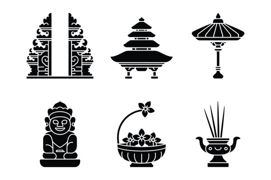 Set of black bali culture and temple vector icons with umbrella