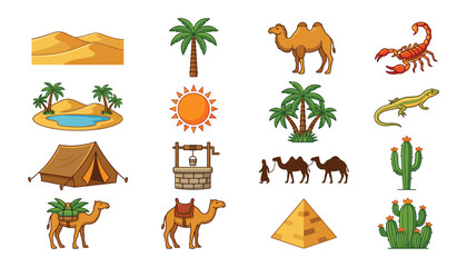 Fototapeta premium Desert Icon Vector Set with Dunes Camels Palm Trees Oasis Tent Sun Water Well Pyramid Scorpion and Cactus Cartoon Illustration Elements