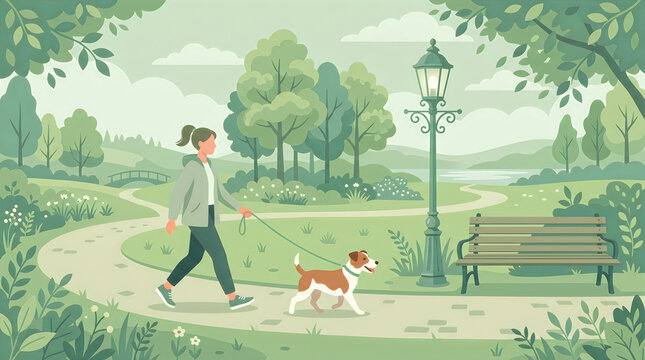 Person walking dog park bench lamp post vector illustration