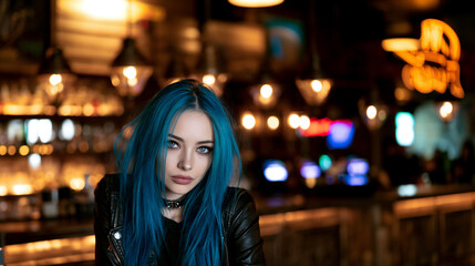 Fototapeta premium blue haired woman entering a stylish bar, beautiful blue haired woman at a nightlife bar, attractive woman with blue hair in a modern bar