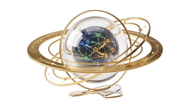 Golden armillary sphere with glass globe, luxury celestial orrery model, decorative astronomical instrument on white background
