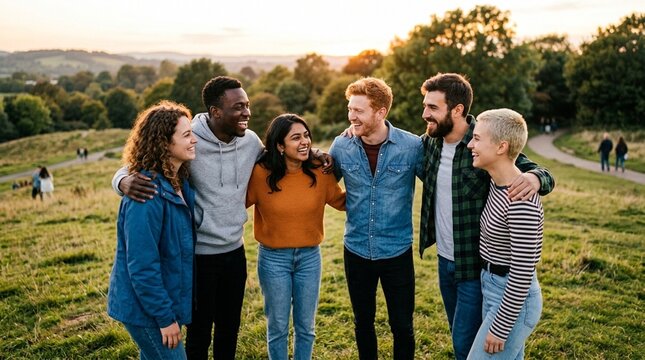 Diverse friends laughing and embracing on a hill at sunset