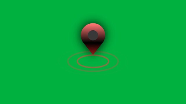 Red location pin icon with pulsing radar signal on green screen chroma key map interface.