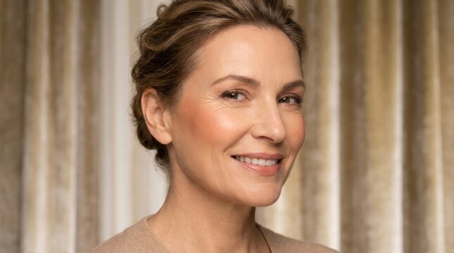 Self assured middle aged woman beaming at the camera surrounded by gentle lighting and a sophisticated backdrop